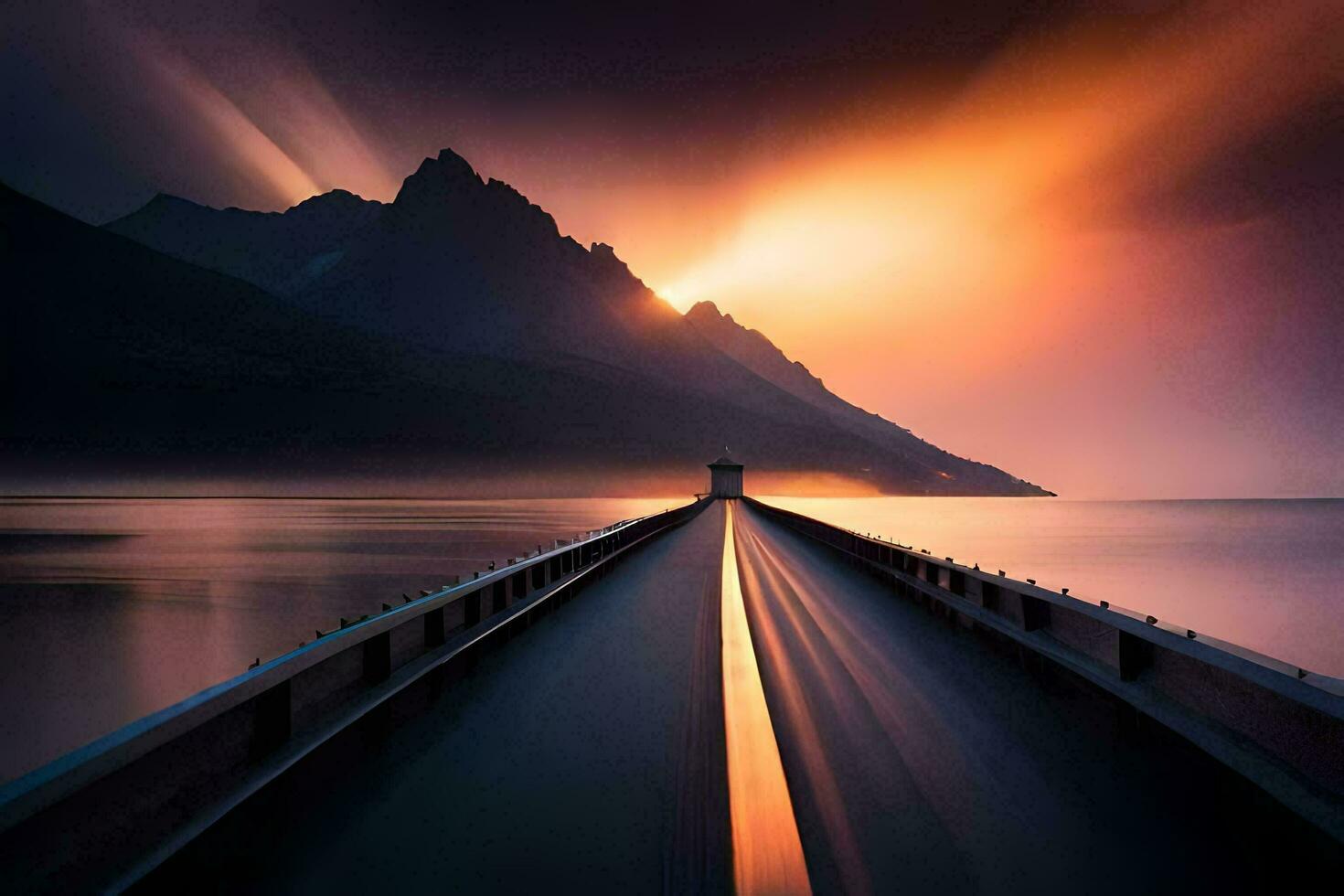 a long exposure photo of a pier in the ocean with mountains in the background. AI-Generated