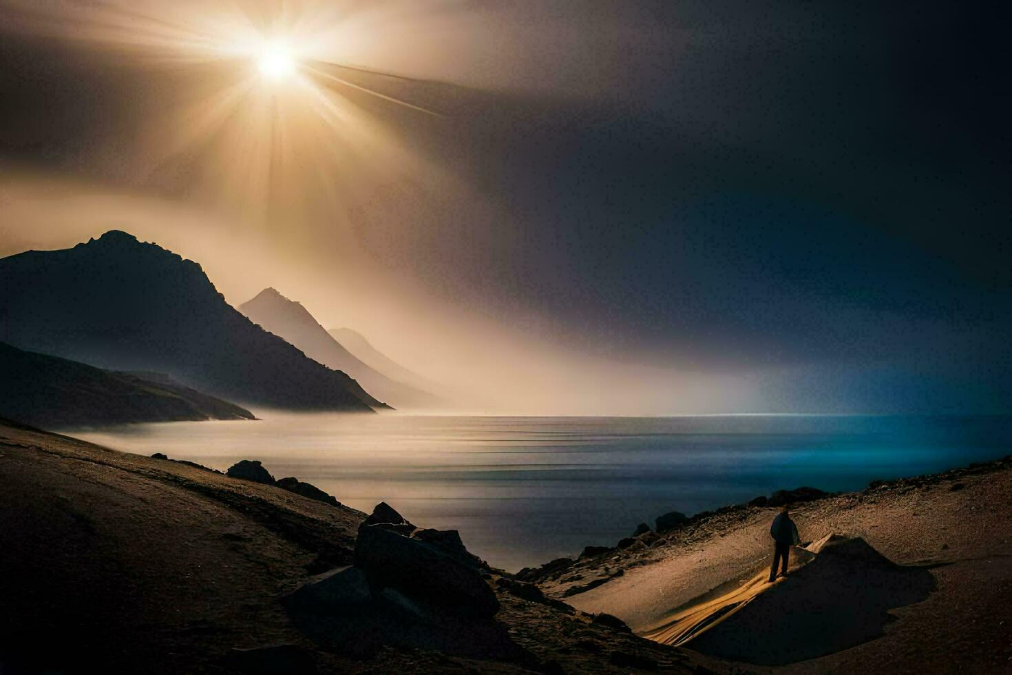un hombre en pie en un playa con el Dom brillante terminado el océano. generado por ai foto