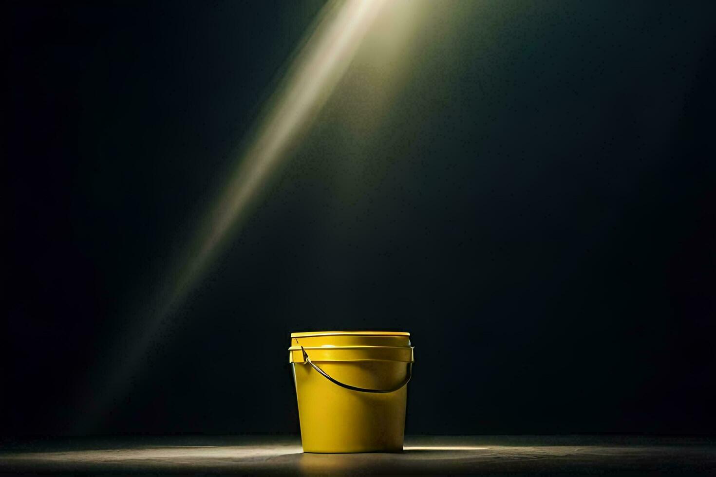 a yellow bucket on a dark floor with light shining from behind. AI-Generated photo