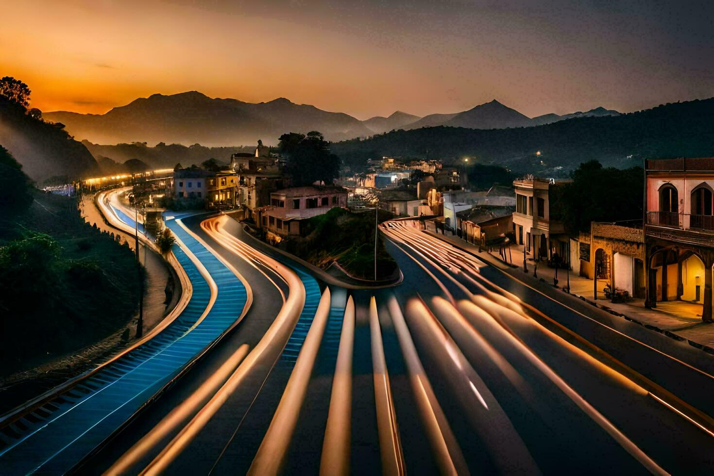 un largo exposición foto de un ciudad calle a puesta de sol. generado por ai