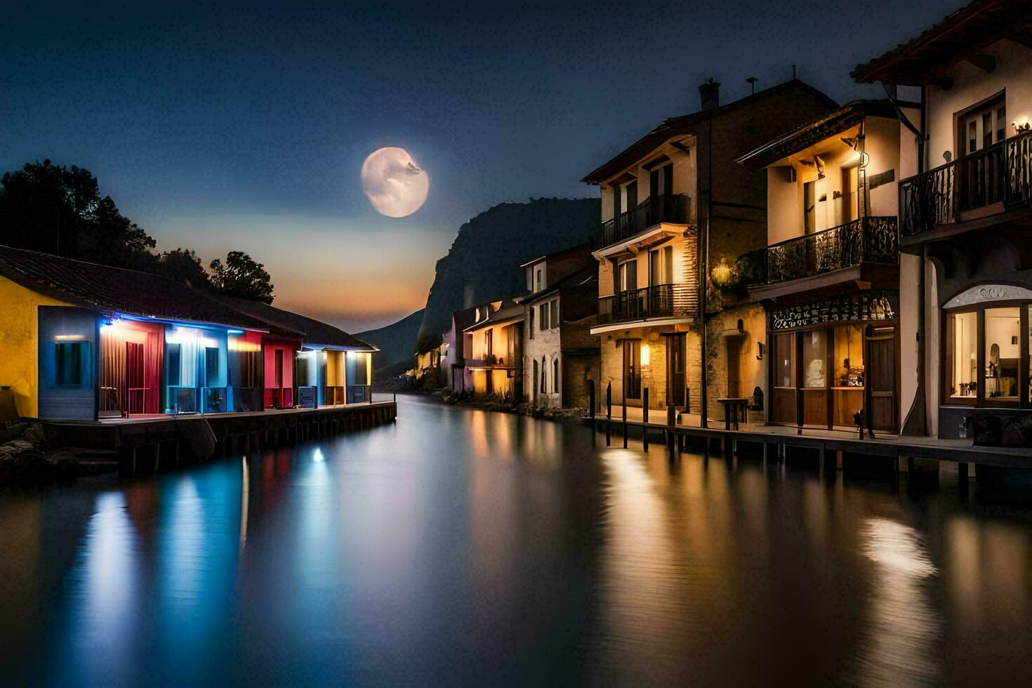 un río con casas y un lleno Luna. generado por ai foto