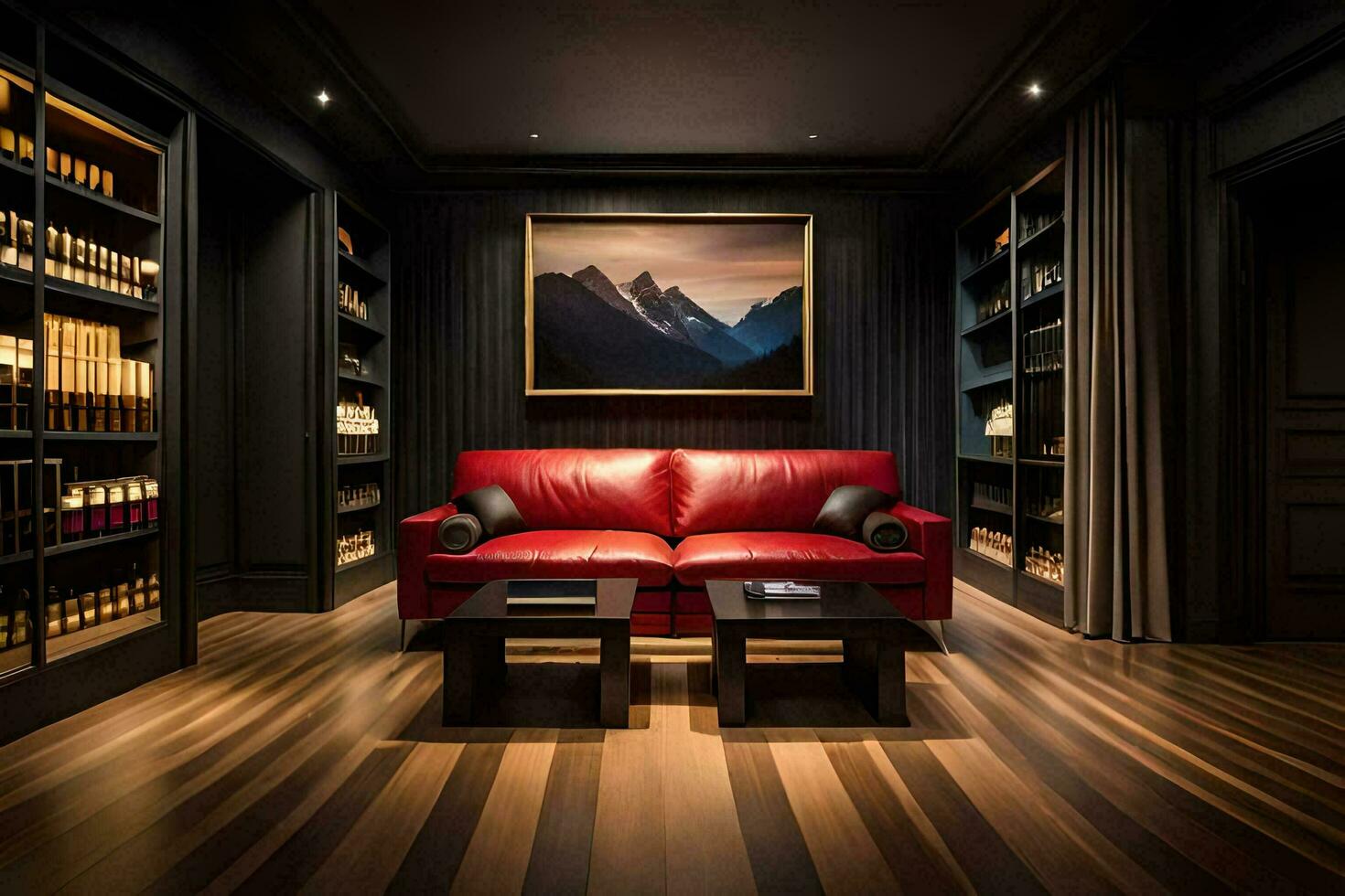 a room with a red couch and bookshelves. AI-Generated photo