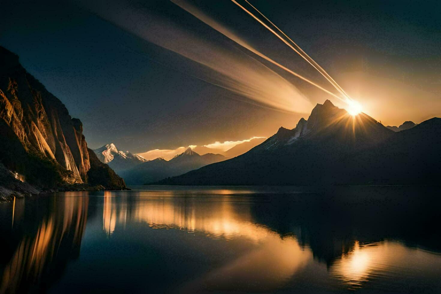 the sun shines over a mountain range and a lake. AI-Generated photo