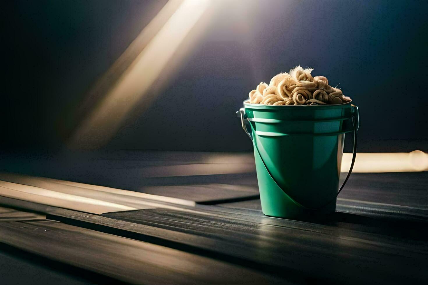 a bucket of noodles sitting on a table. AI-Generated photo