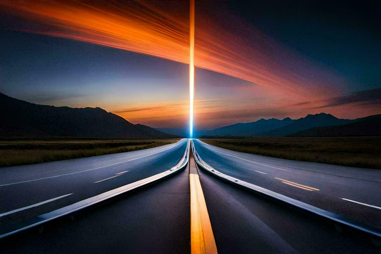 a long road with a long line of light coming out of the sky. AI-Generated photo