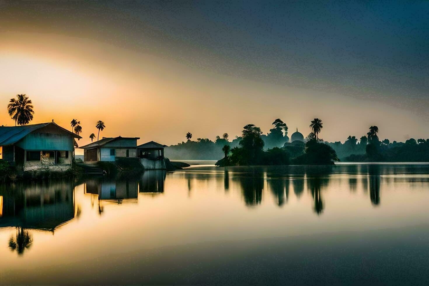 a lake with houses and palm trees at sunset. AI-Generated photo