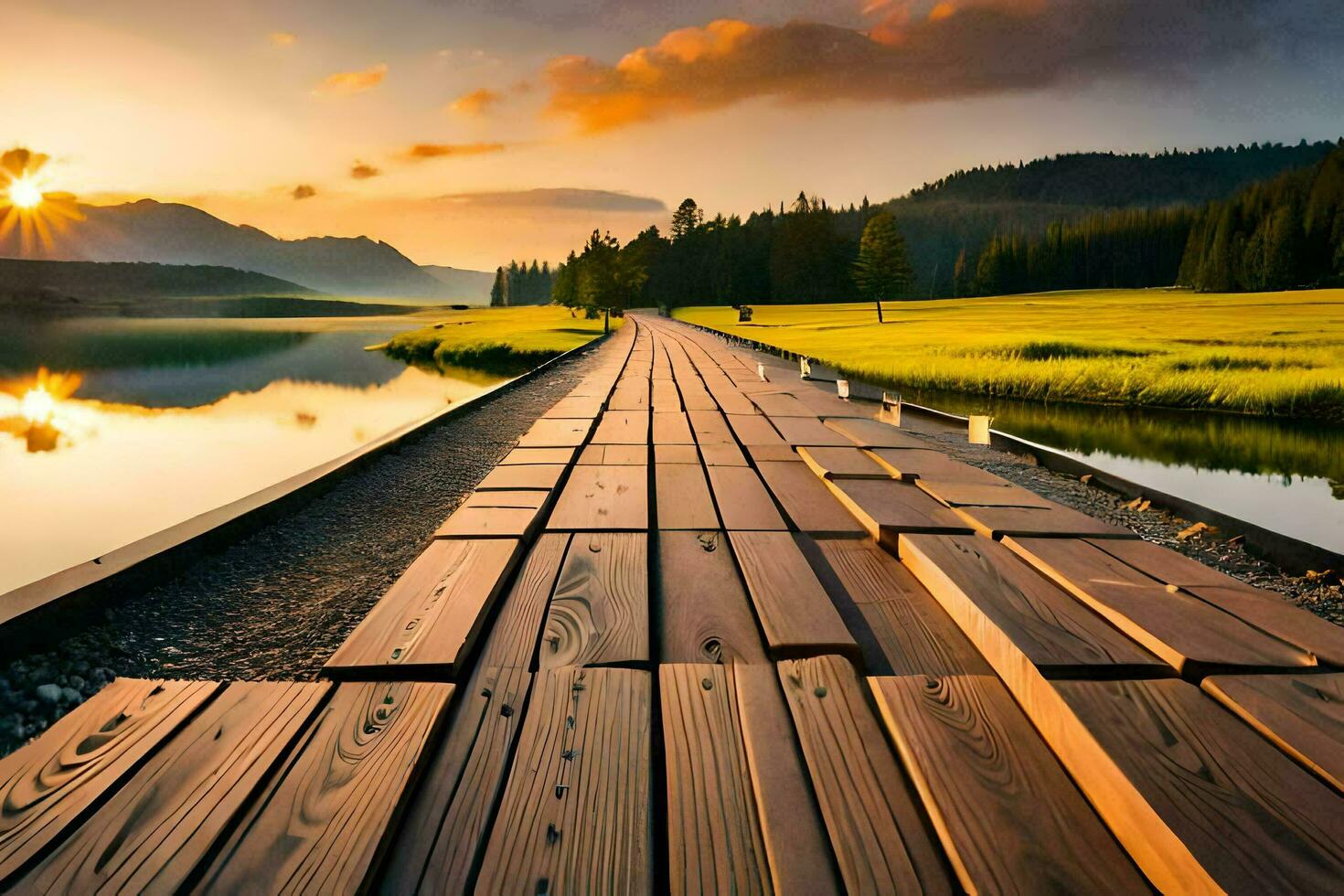 a wooden bridge leads to a lake and mountains. AI-Generated photo