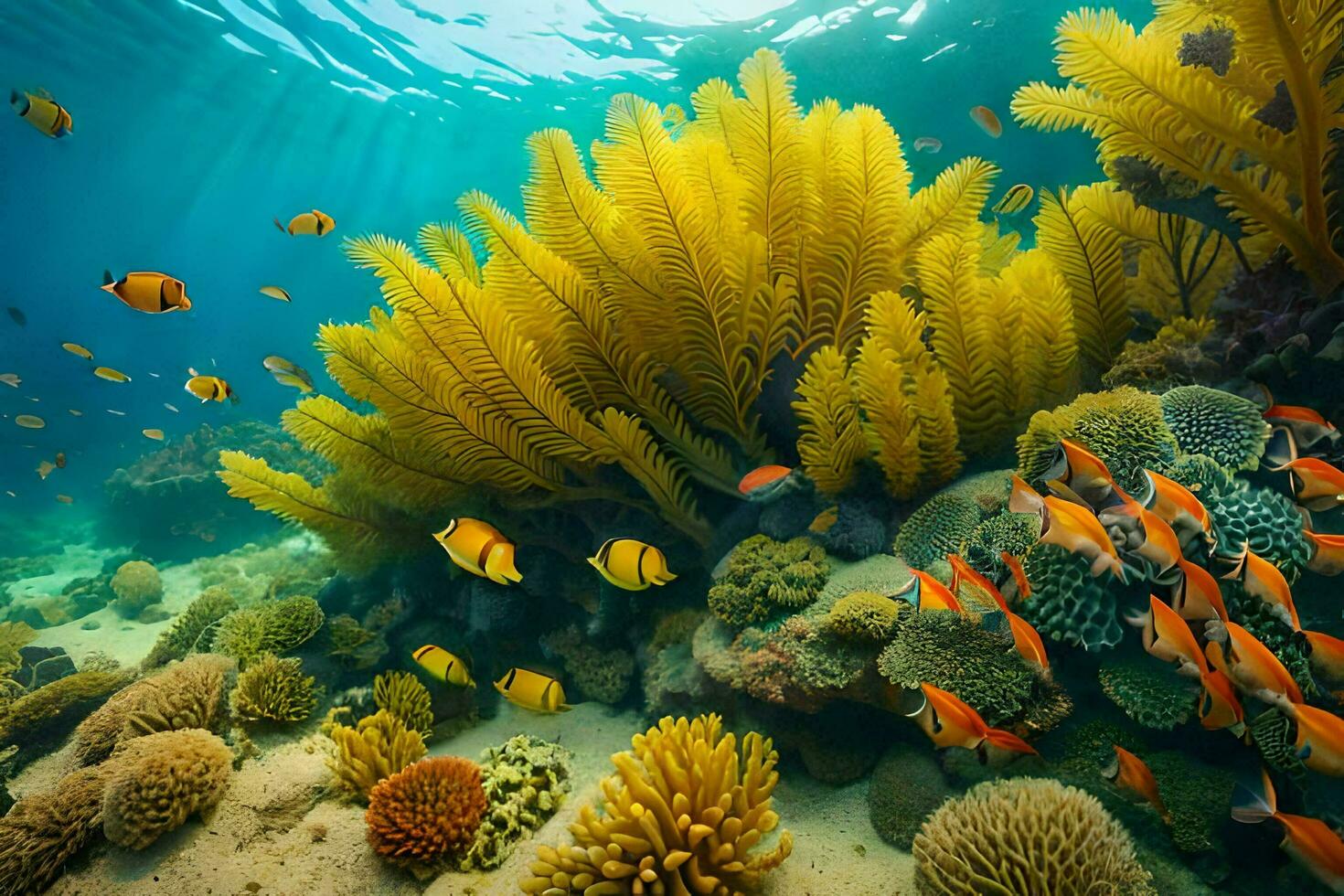 an underwater scene with many colorful corals and fish. AI-Generated photo