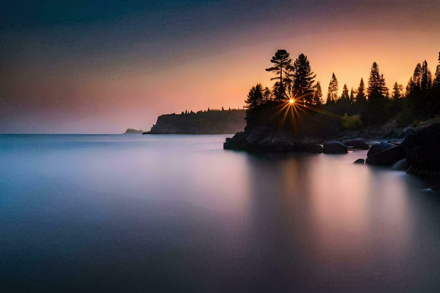 the sun rises over the water and trees in this photo. AI-Generated photo