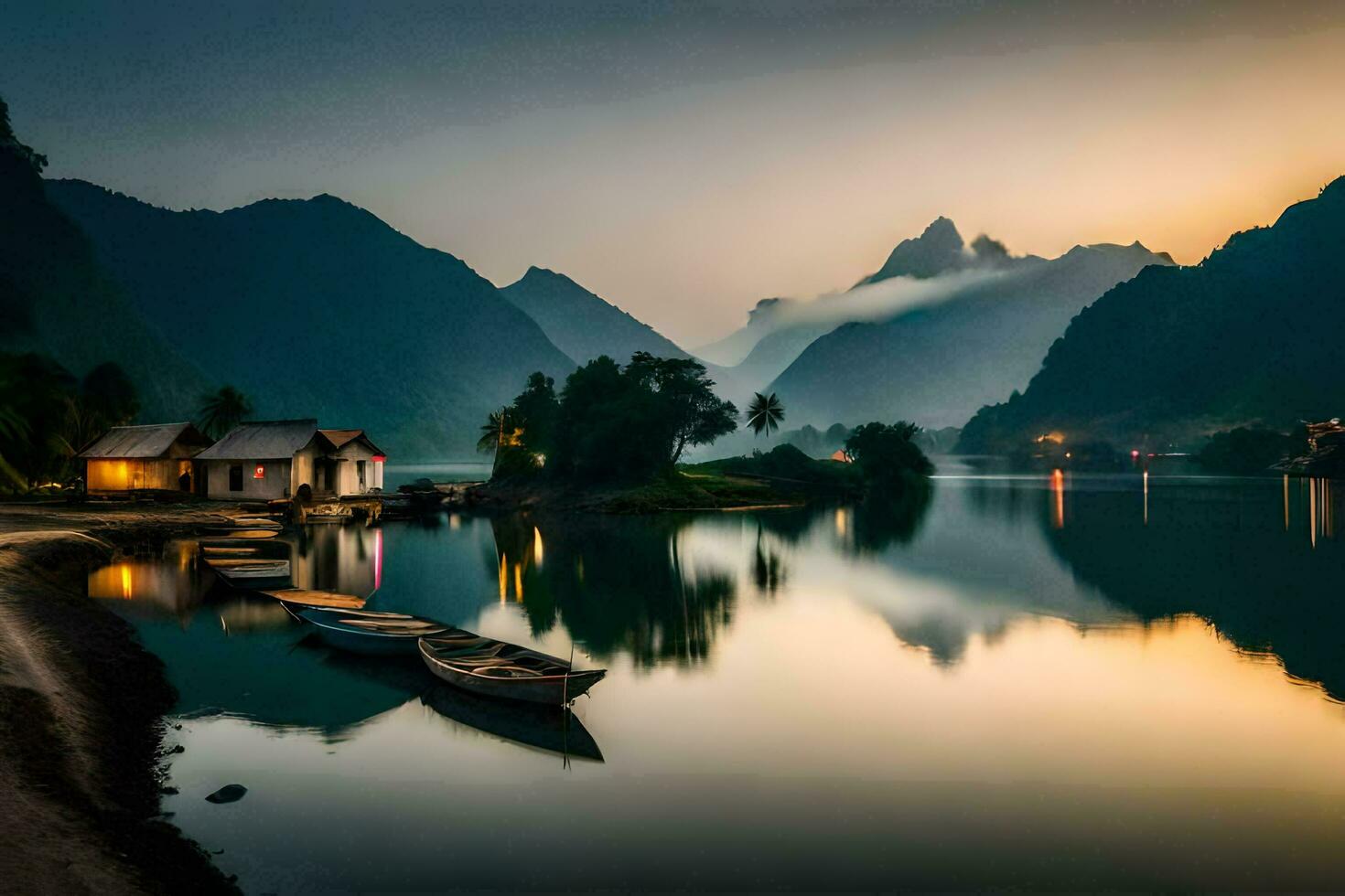 a boat sits on the shore of a lake at sunset. AI-Generated photo