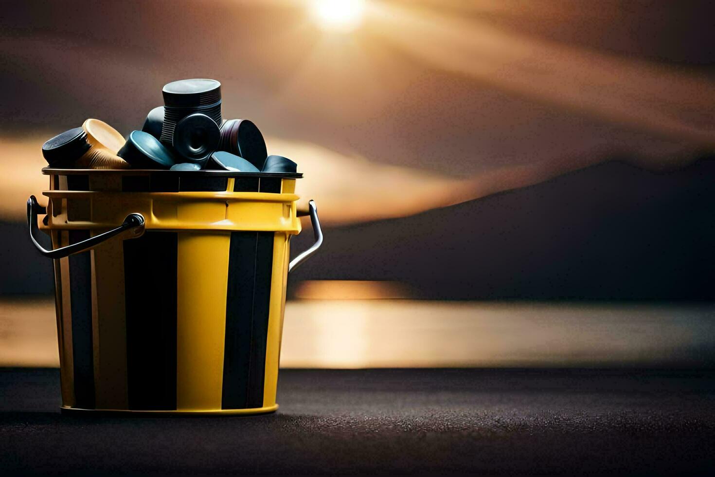 a bucket filled with coins sitting on the ground. AI-Generated photo