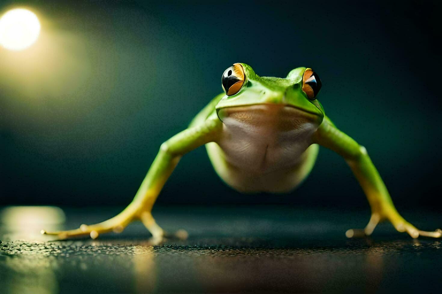 a frog is standing on a dark surface. AI-Generated photo