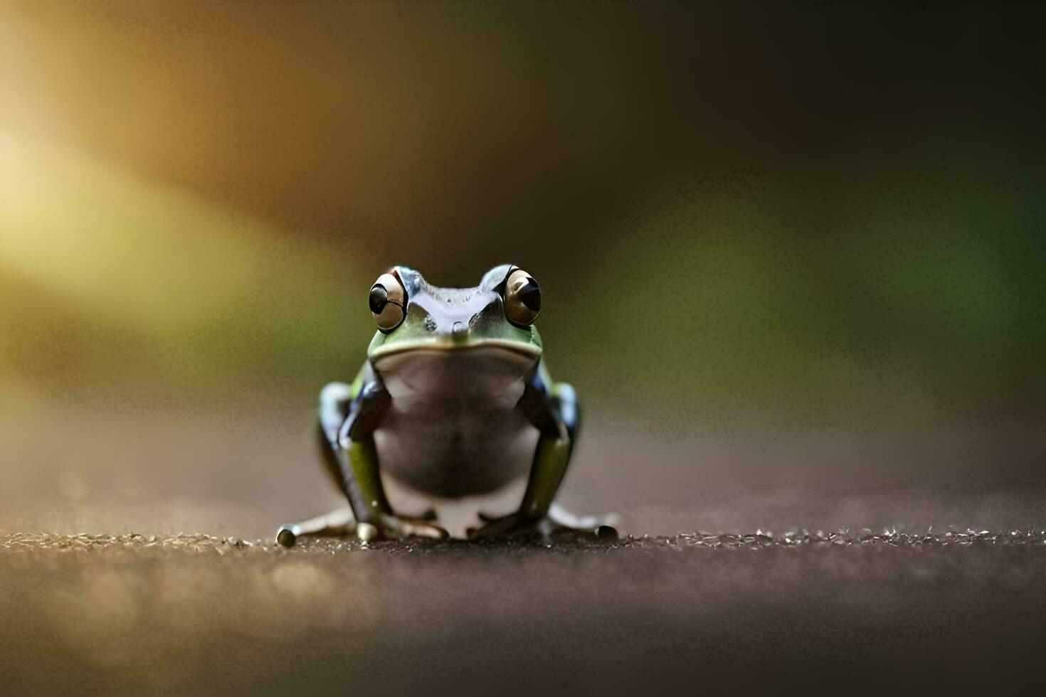 a frog is sitting on the ground with the sun shining in the background. AI-Generated photo