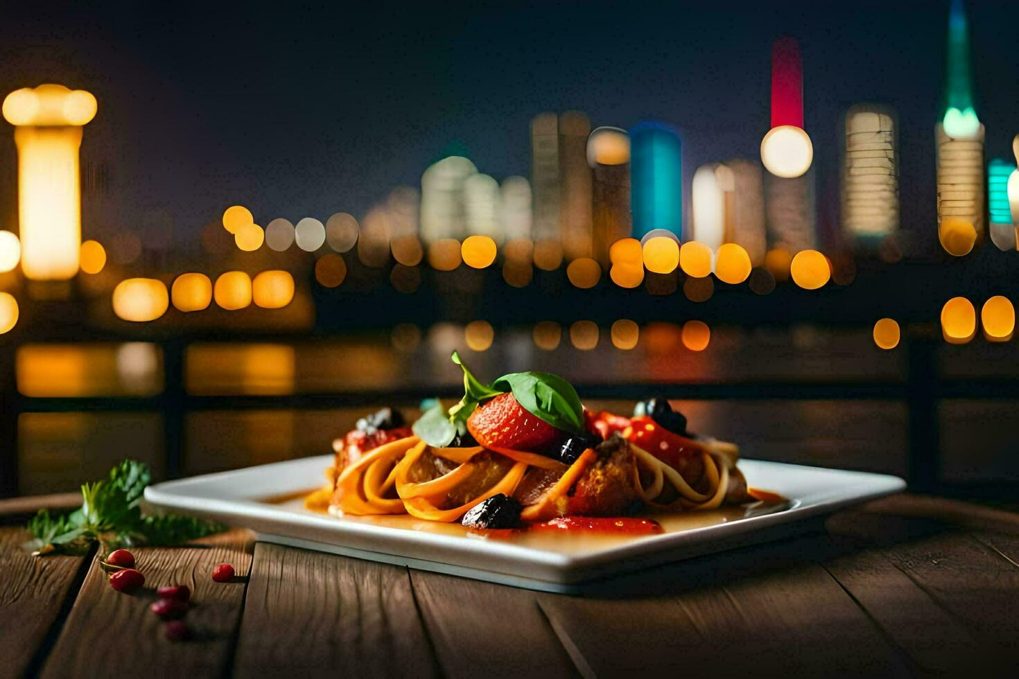 a plate of pasta with a cityscape in the background. AI-Generated photo