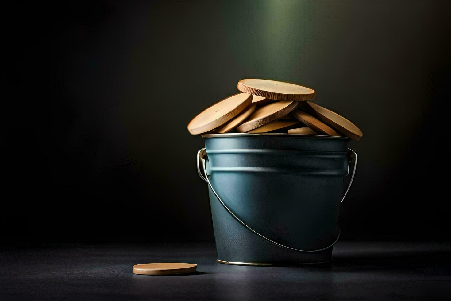 a bucket filled with wooden coins on a dark background. AI-Generated photo