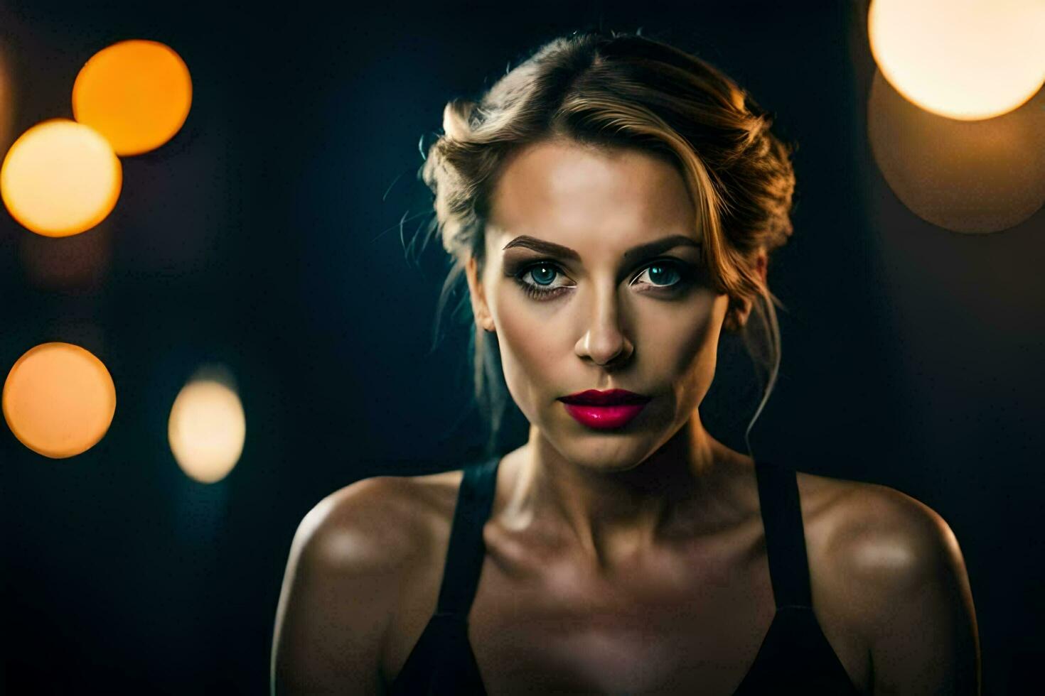 a woman with bright pink lipstick and dark background. AI-Generated photo
