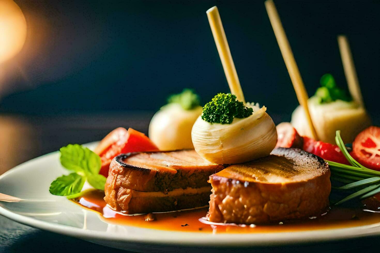 a plate with meat, vegetables and sauce. AI-Generated photo