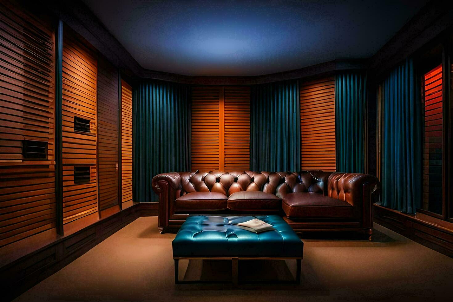 the living room has leather couches and a blue light. AI-Generated photo