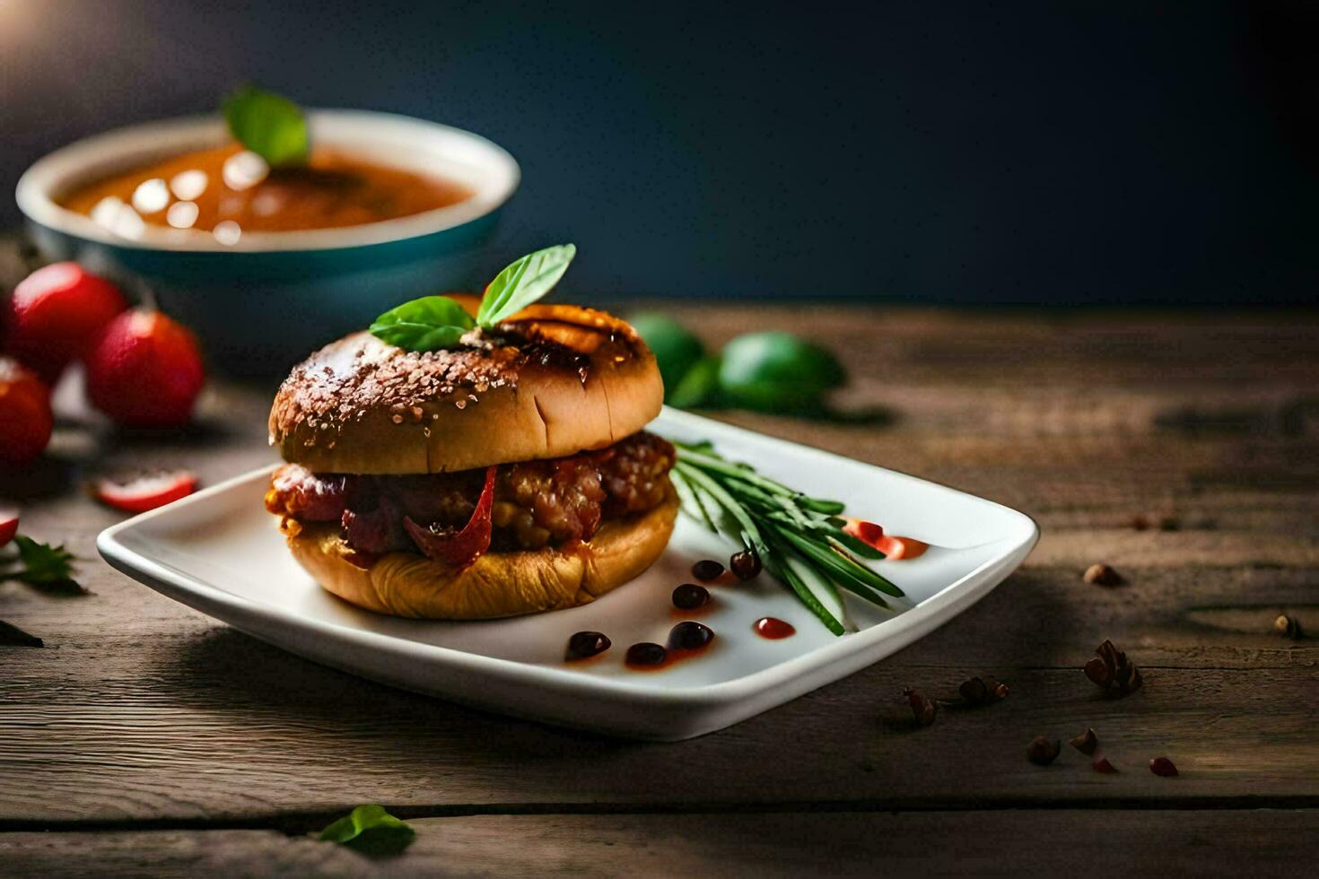 a hamburger with tomato sauce and herbs on a plate. AI-Generated photo