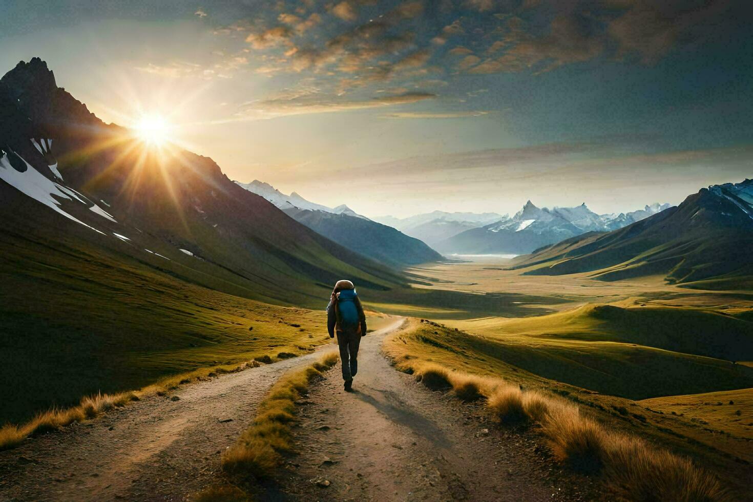a person walking on a dirt road in the mountains. AI-Generated photo