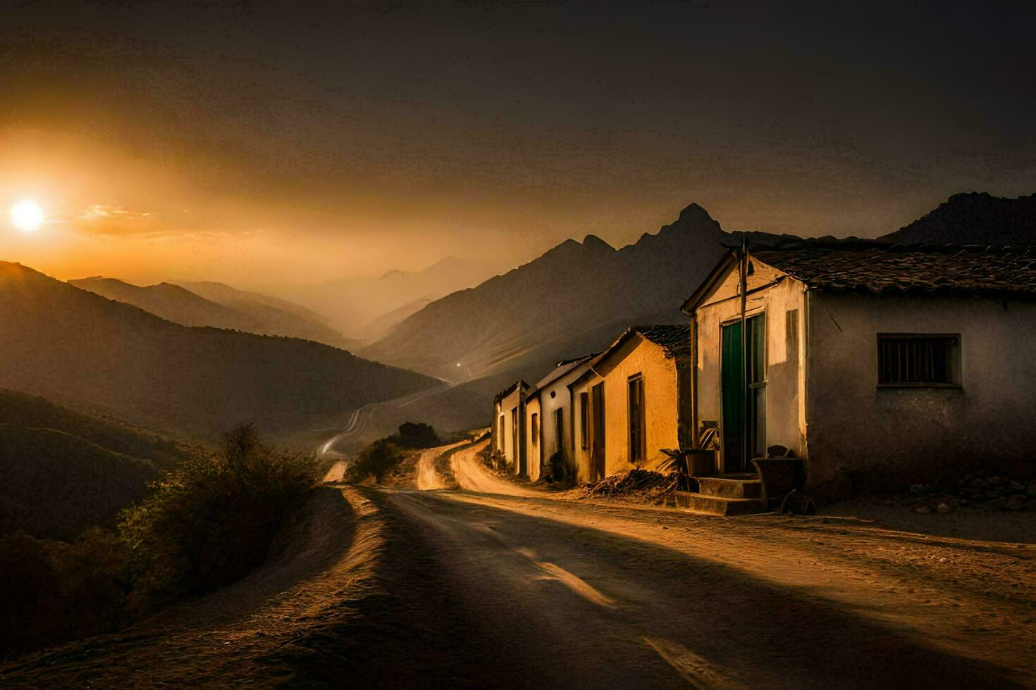 a road in the mountains with houses and mountains in the background. AI-Generated photo