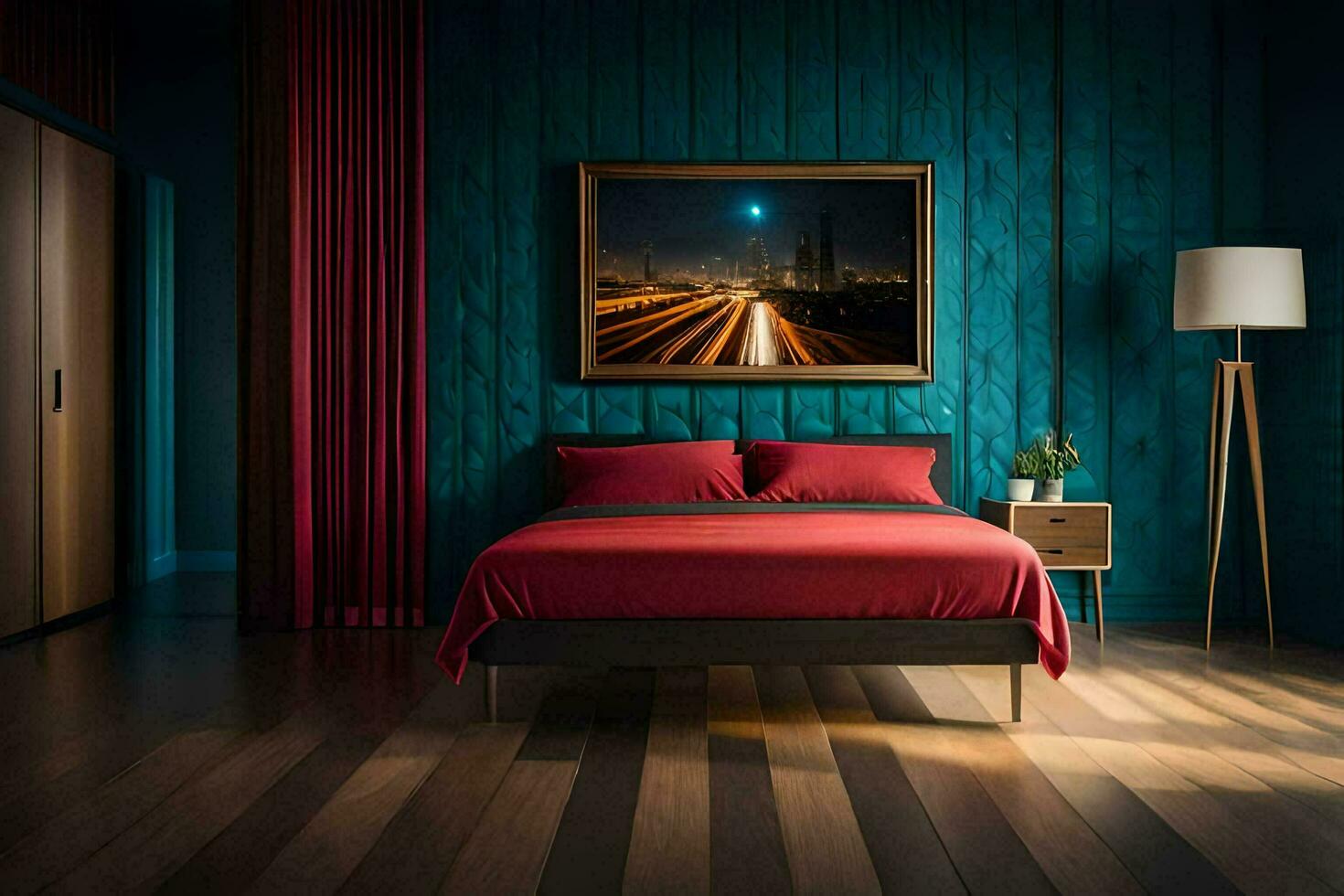 a bedroom with a red bed and wooden floors. AI-Generated photo