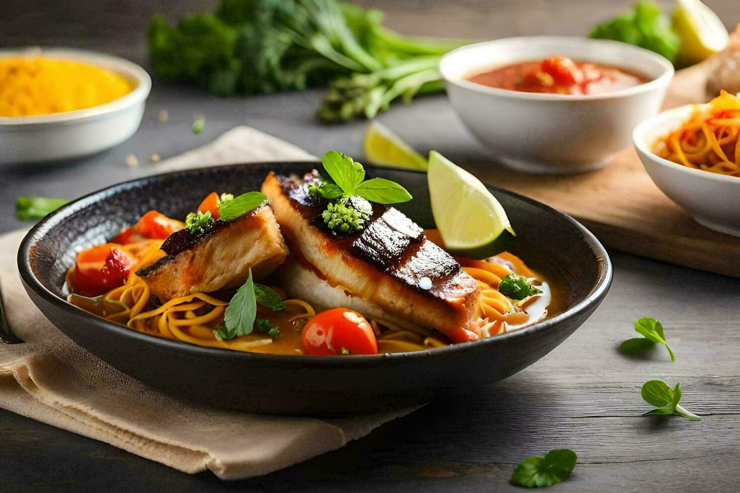 a bowl of fish and noodles with vegetables and a bowl of vegetables. AI-Generated photo