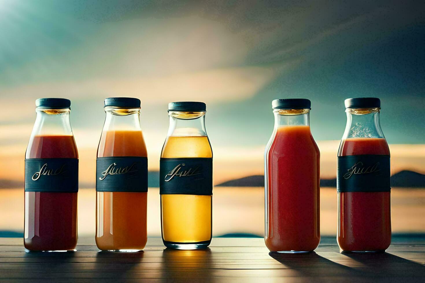 five bottles of juice on a table with the sun setting. AI-Generated photo