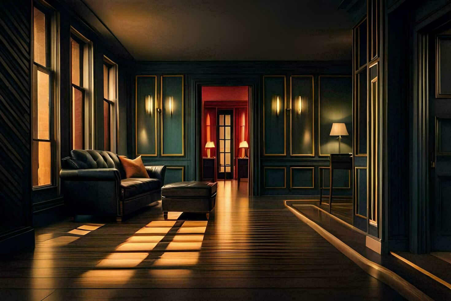 the interior of a dark room with a couch and a chair. AI-Generated photo