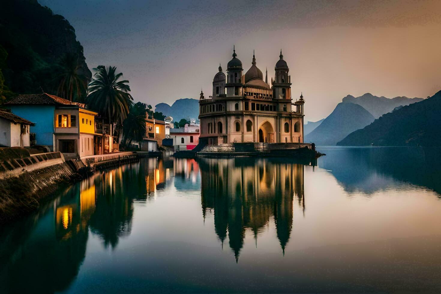 un hermosa Iglesia se sienta en el agua en frente de montañas. generado por ai foto