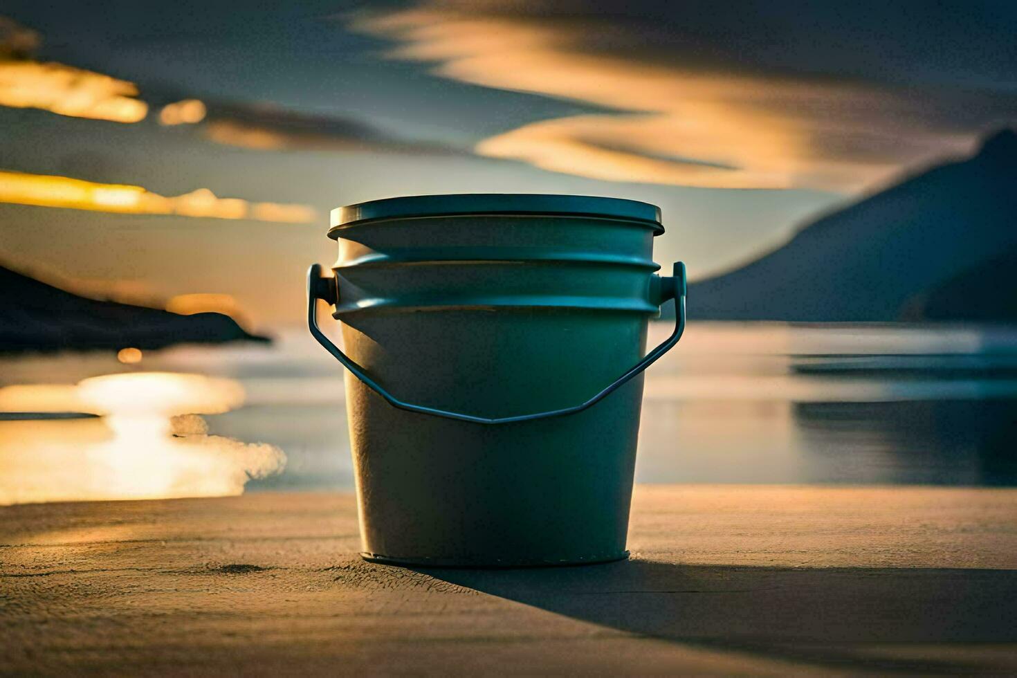 un Cubeta sentado en el playa a puesta de sol. generado por ai foto