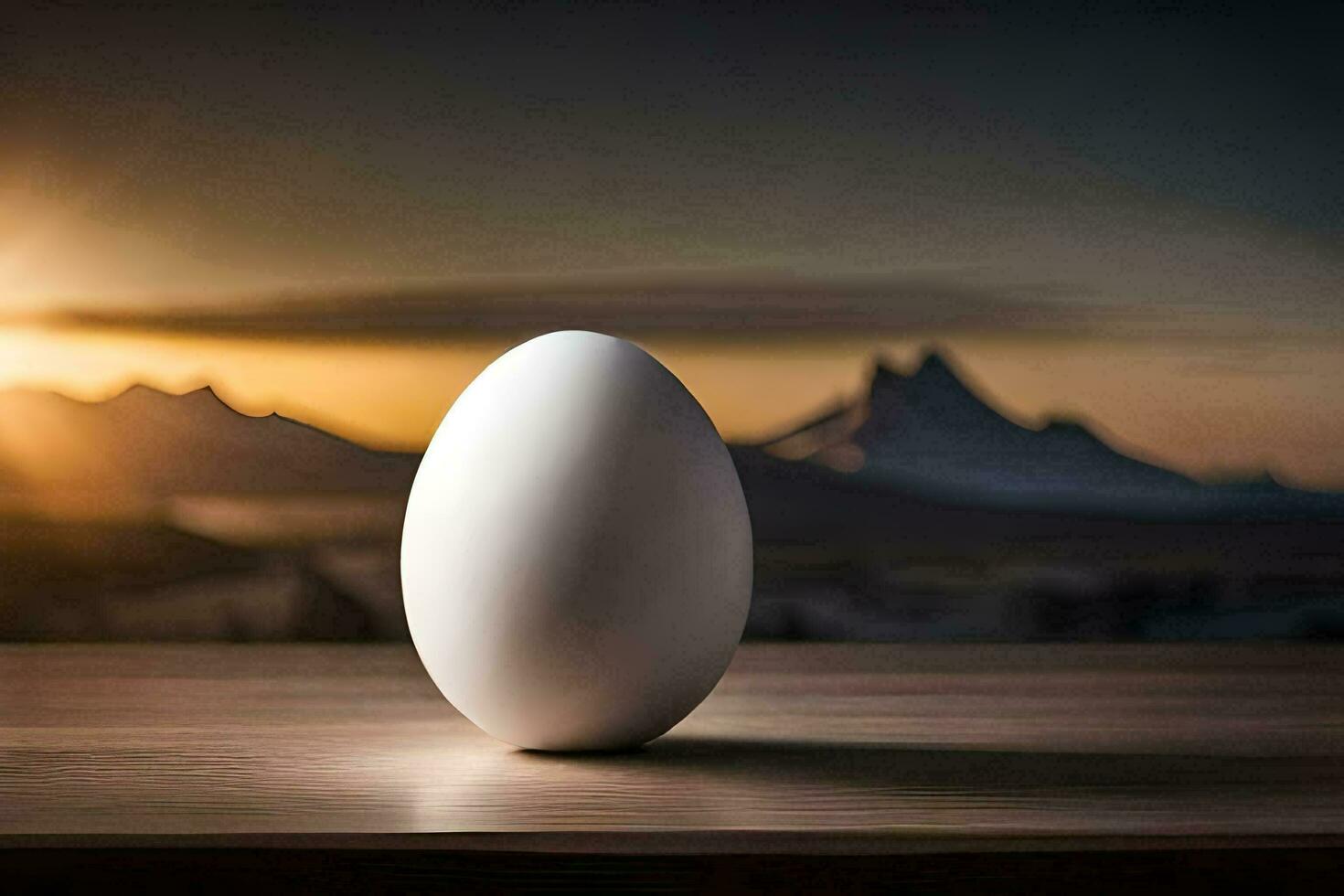 an egg on a table in front of a mountain. AI-Generated photo