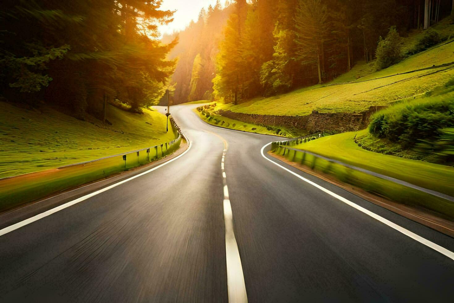 a road in the mountains with trees and sun. AI-Generated photo