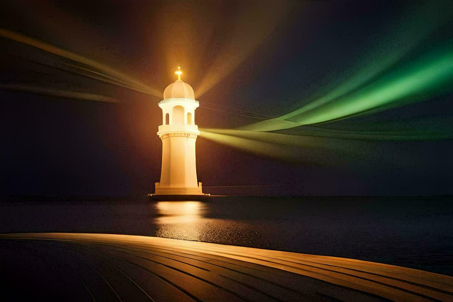 a lighthouse is lit up by the aurora lights. AI-Generated photo