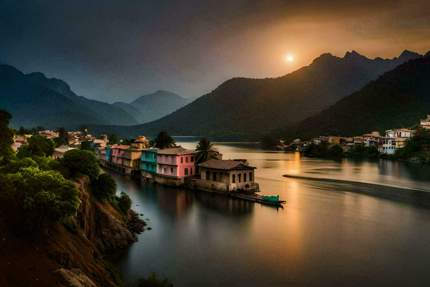 the sun sets over a river in india. AI-Generated photo