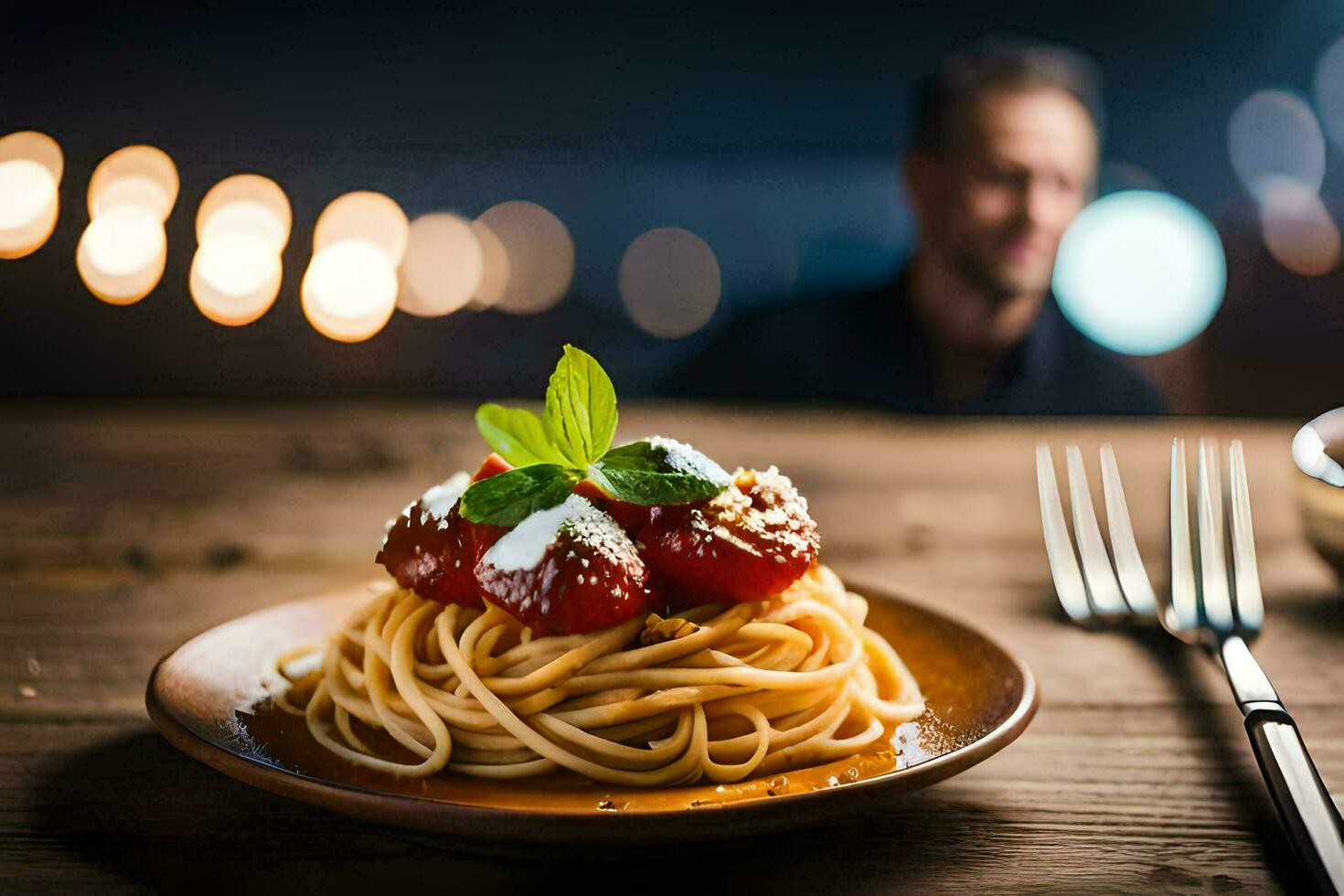 spaghetti with tomatoes and basil on a wooden table. AI-Generated photo