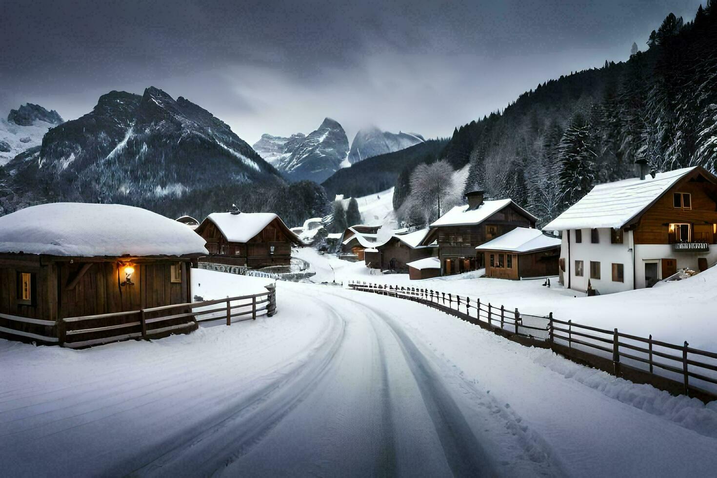a snowy road in front of a mountain village. AI-Generated photo