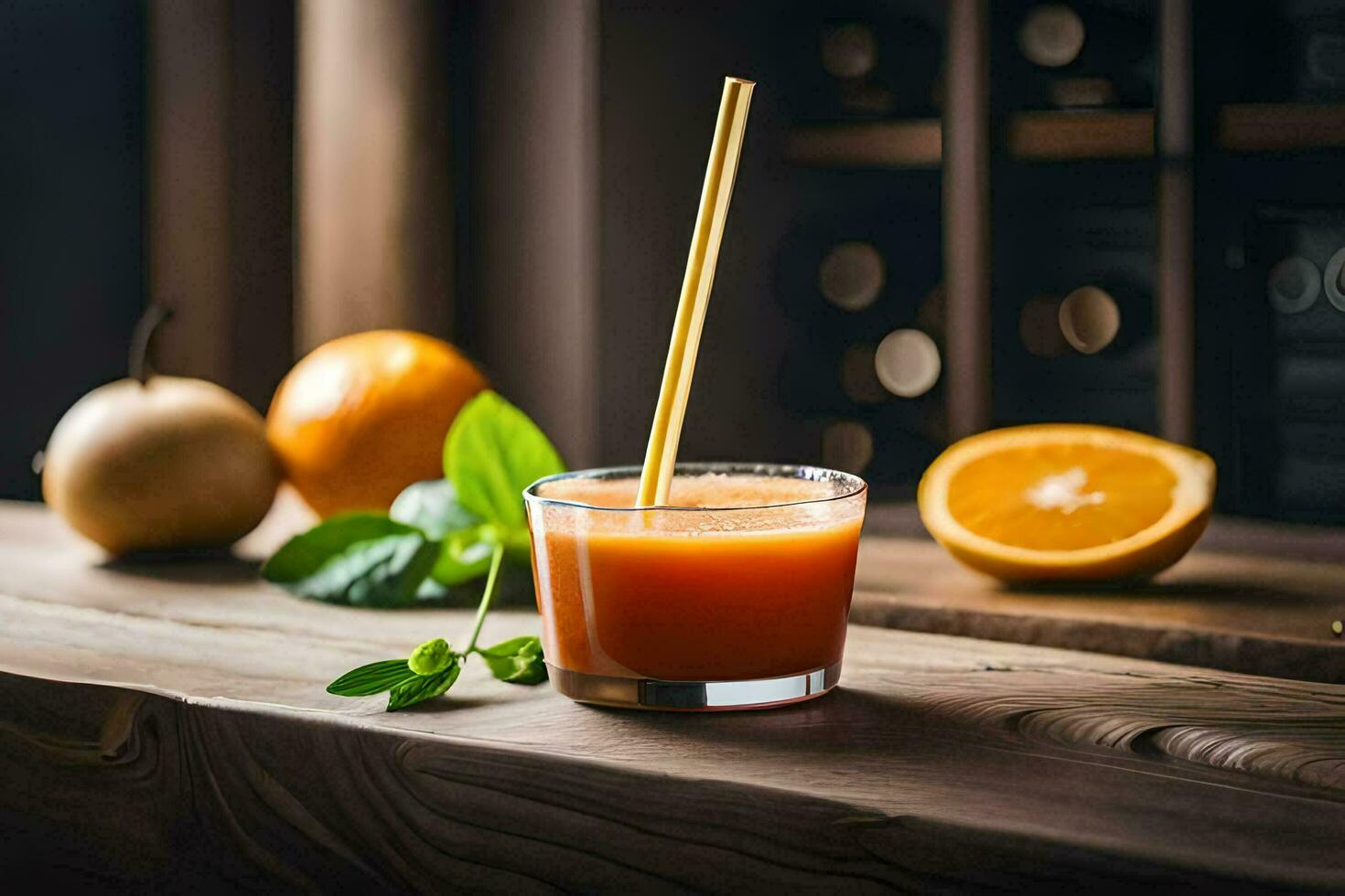 a glass of orange juice with a straw. AI-Generated photo