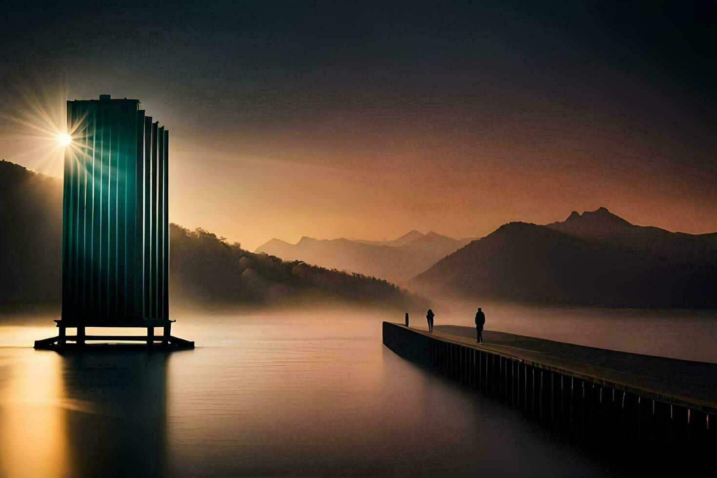 the sun is shining over a tall building on a dock. AI-Generated photo