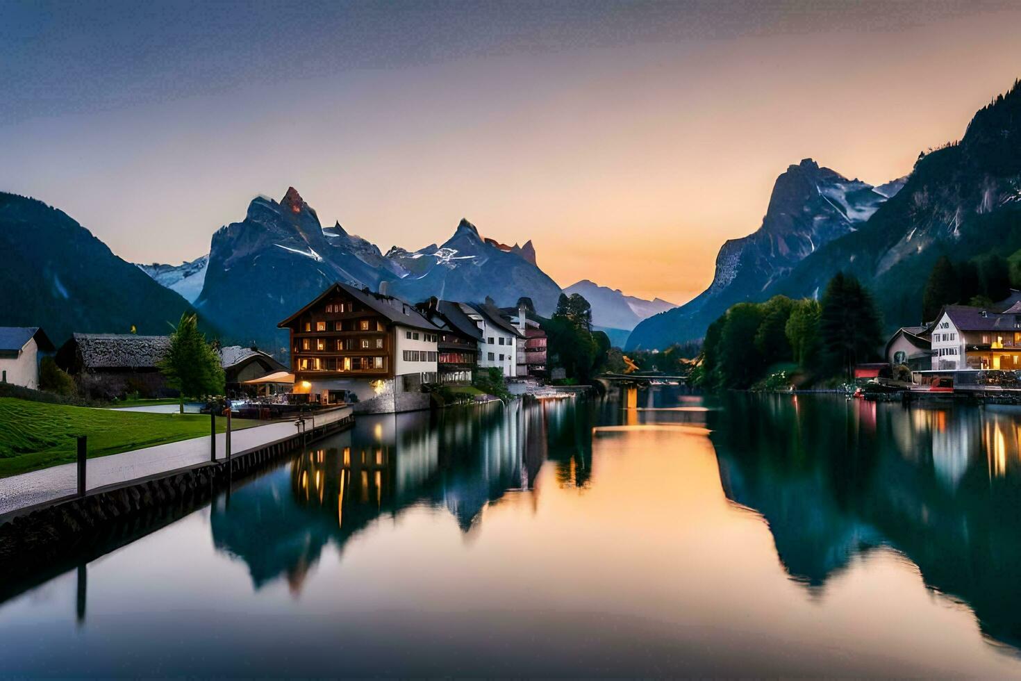 el Dom conjuntos terminado un lago y montañas en el antecedentes. generado por ai foto