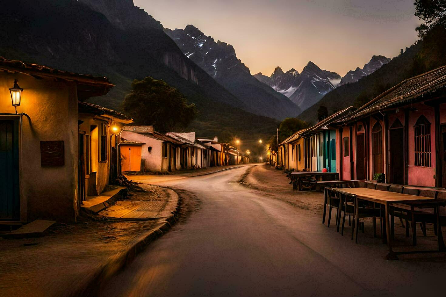 a street in the mountains at dusk. AI-Generated photo