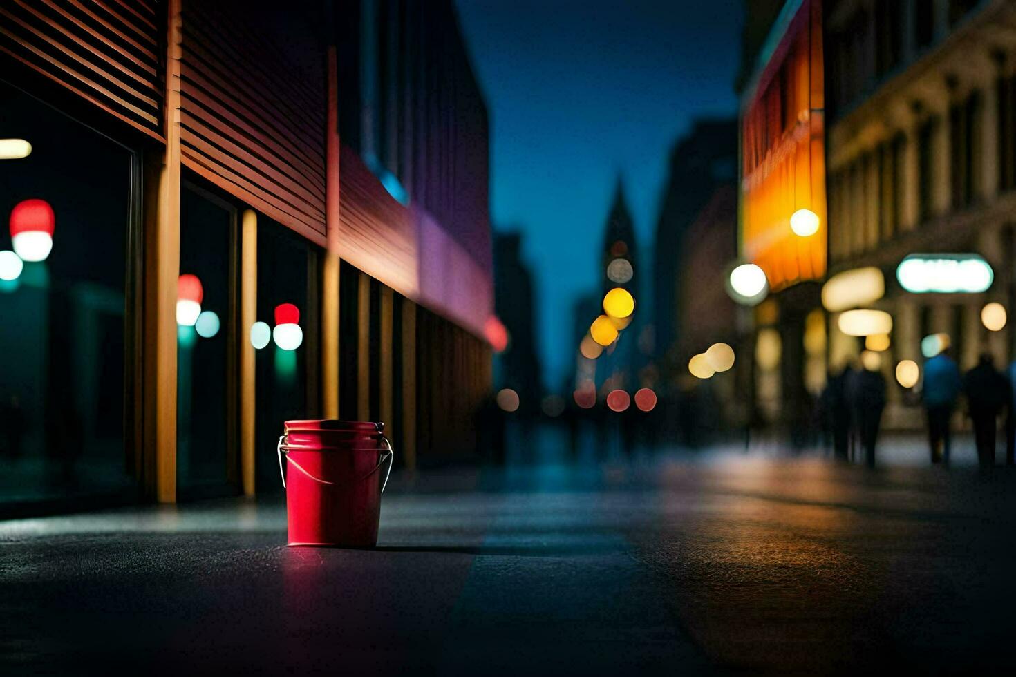 a red bucket sits on the street at night. AI-Generated photo