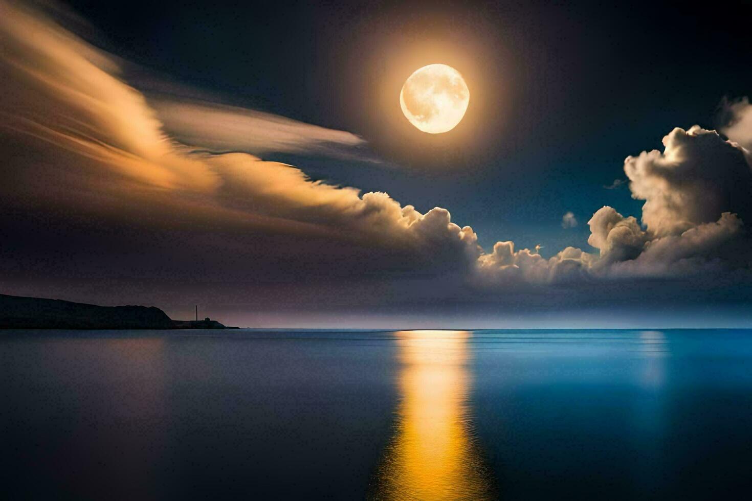 the moon is shining brightly over the water. AI-Generated photo