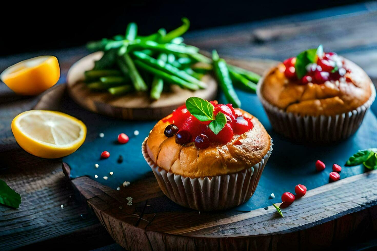 two muffins with fruit and vegetables on a cutting board. AI-Generated photo