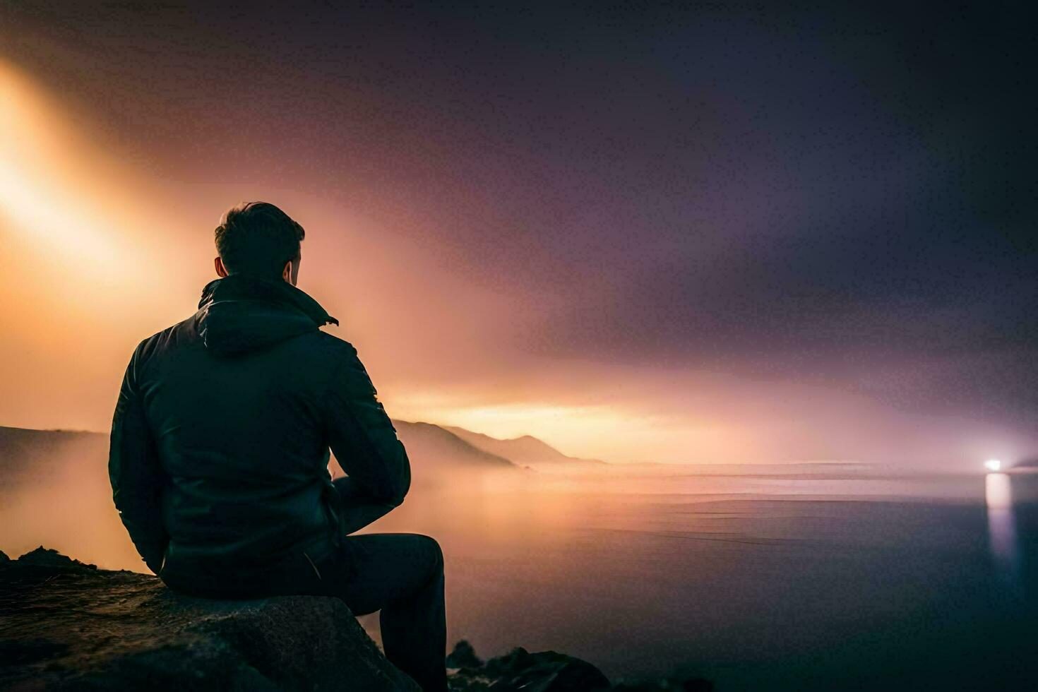 man sitting on rock looking at the ocean at sunset. AI-Generated photo