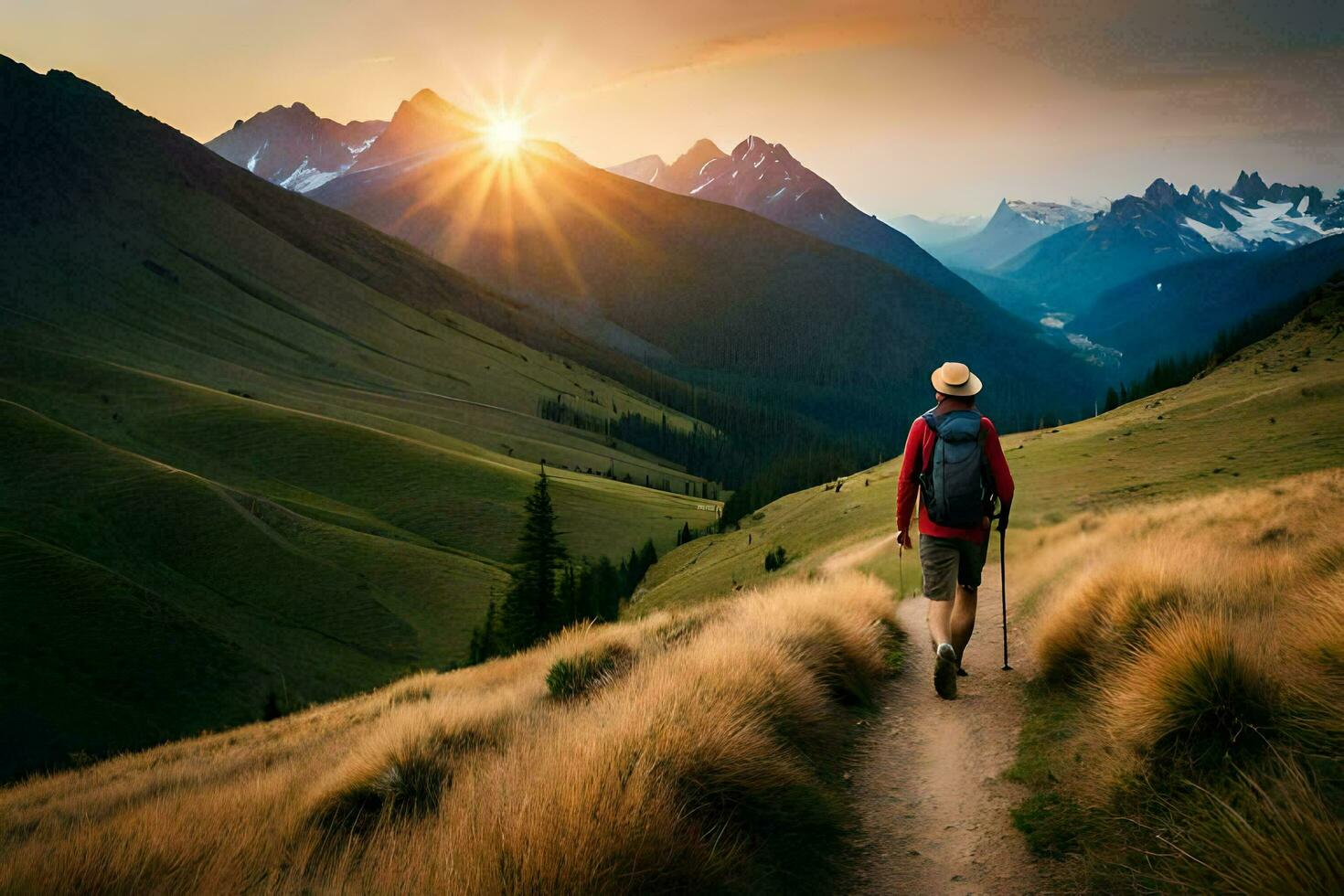 a man with a backpack walks up a trail in the mountains. AI-Generated photo