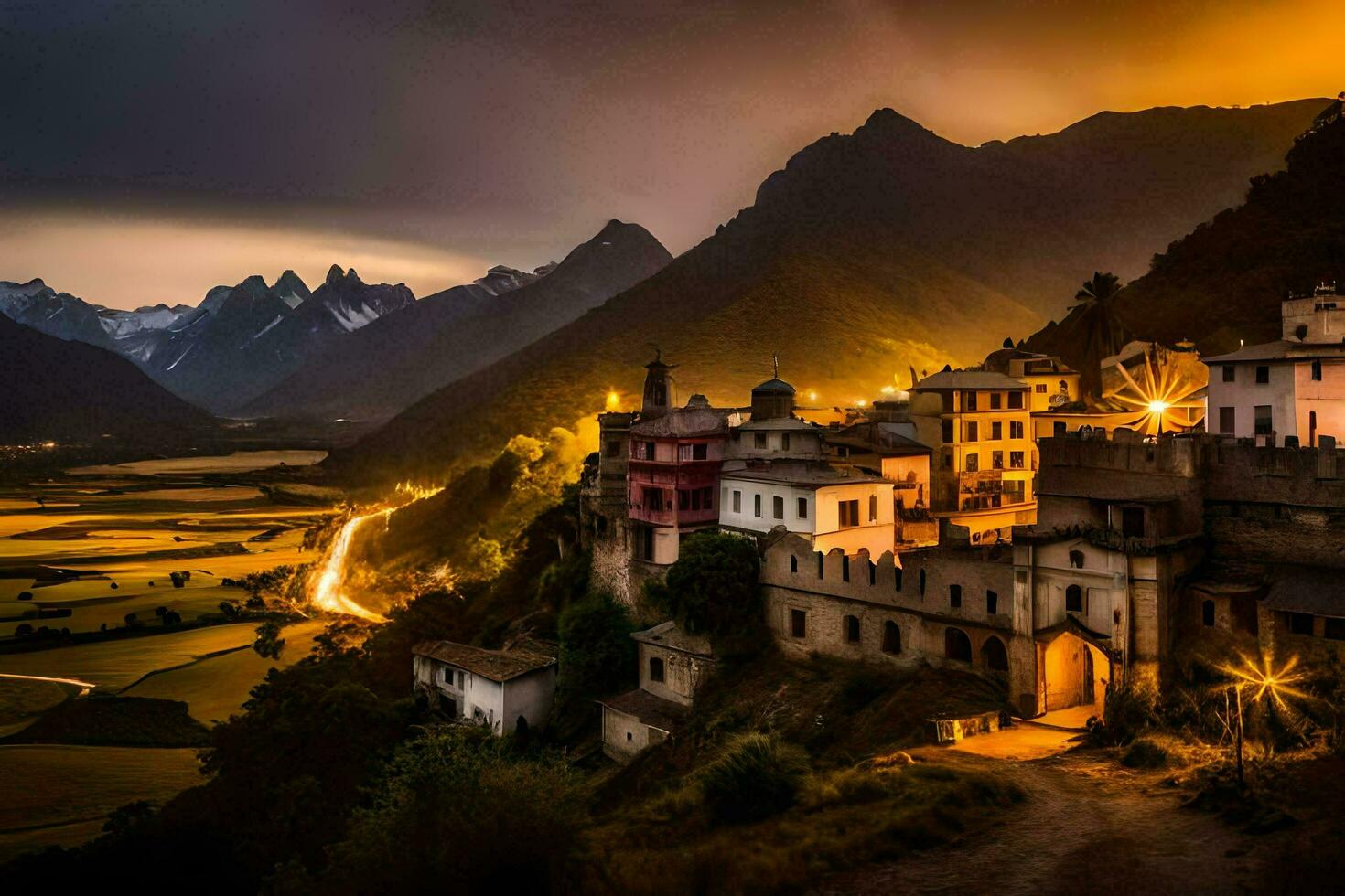 photo wallpaper the sky, mountains, night, the village, italy, person. AI-Generated