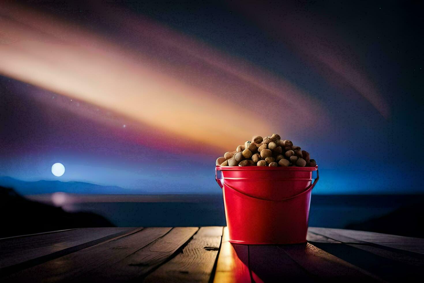 a bucket of peanuts on a wooden table with a full moon in the background. AI-Generated photo