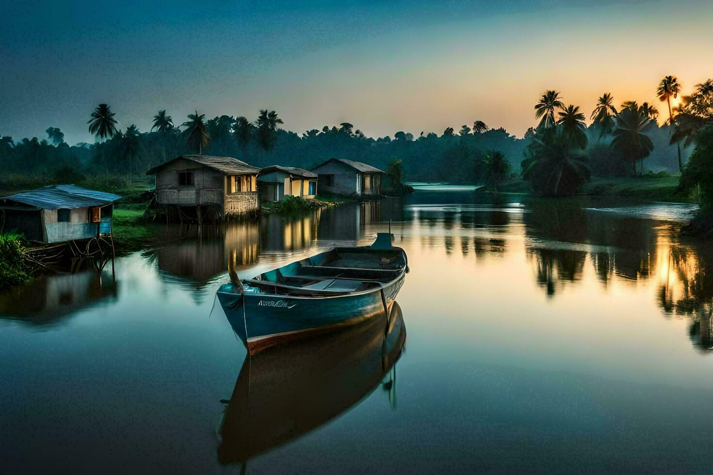a boat sits on the water in front of a small village. AI-Generated photo