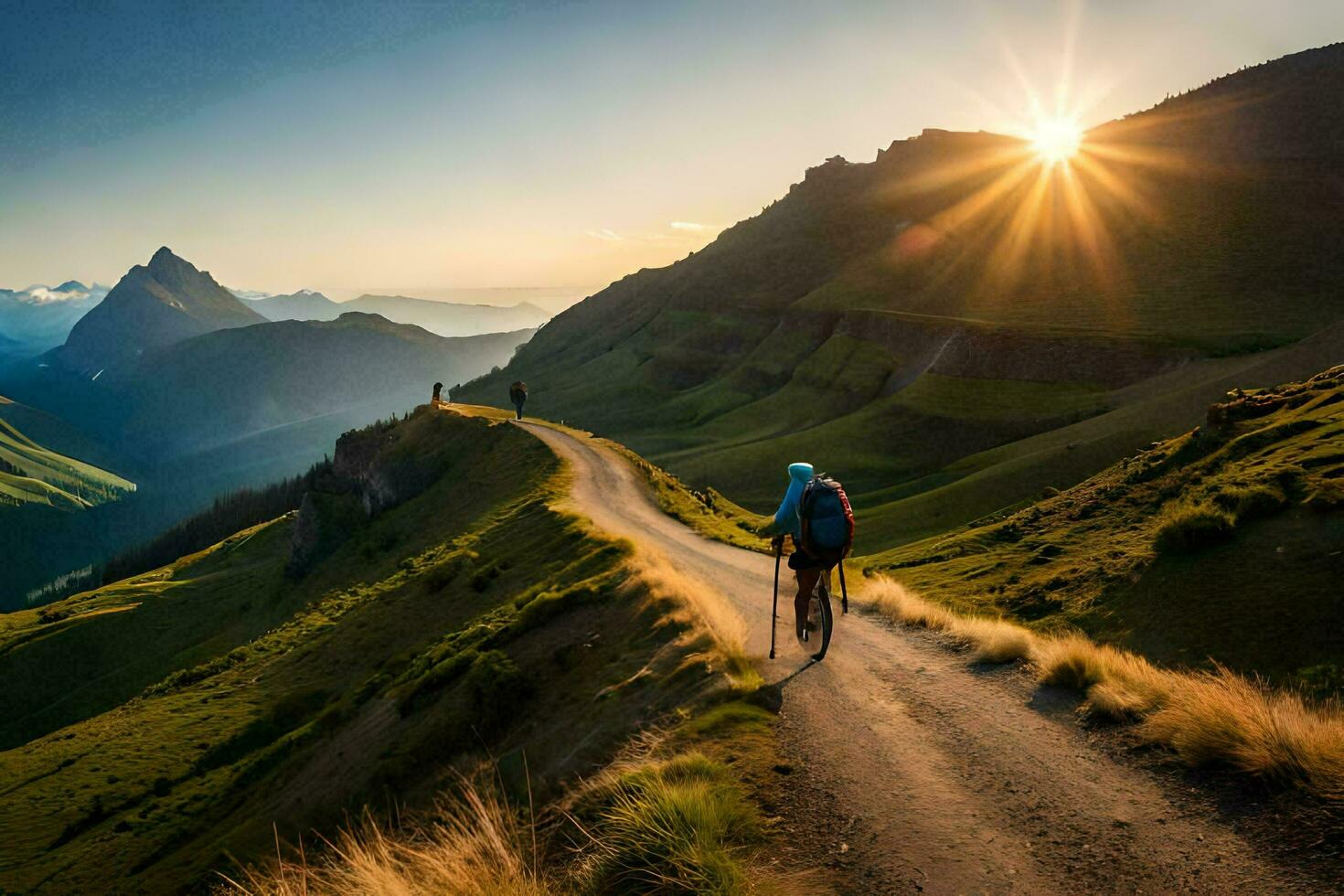 a man walks along a mountain road in the sun. AI-Generated photo